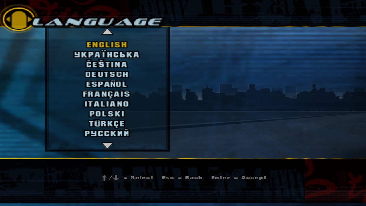 The game's Options, Language screen listing English, Українська, Čeština, Deutsch, Español, Français, Italiano, Polski, Türkçe and Русский