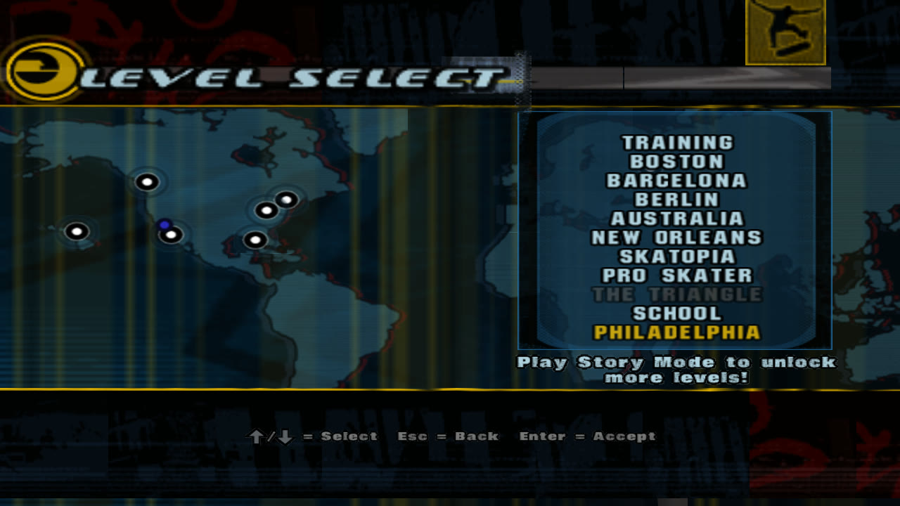 Play Level listing THUG2's levels: Training, Boston, Barcelona, Berlin, Australia, New Orleans, Skatopia, Pro Skater, The Triangle greyed out, School, Philadelphia